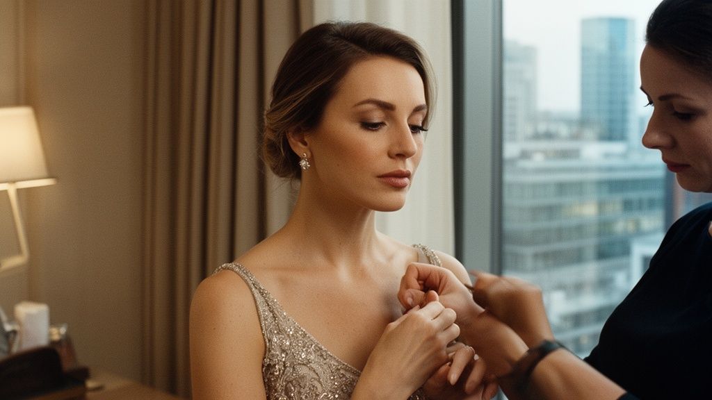 Eine Braut lässt sich am Fenster in einem Frankfurter Hotelzimmer von einer Visagistin für ihre Hochzeit schminken.