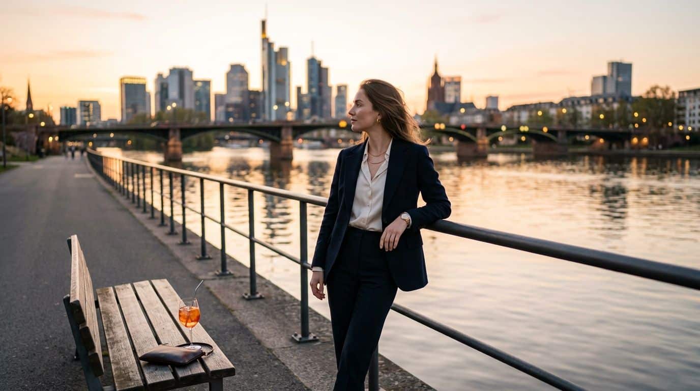 Elegante Frau in Businesskleidung steht am Flussufer, blickt auf die beeindruckende Frankfurter Skyline bei Sonnenuntergang.