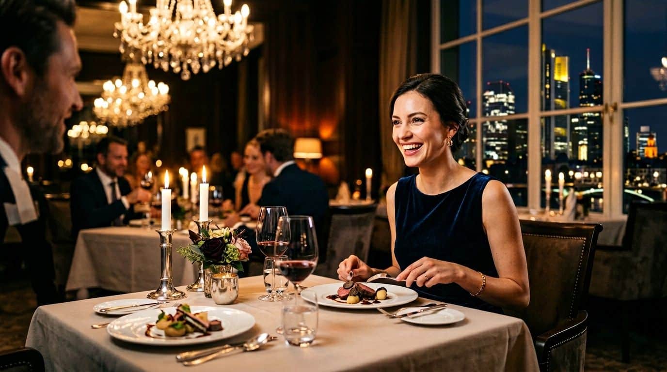 Ein lächelndes Paar genießt ein romantisches Abendessen in einem eleganten Restaurant mit Blick auf die Frankfurter Skyline.