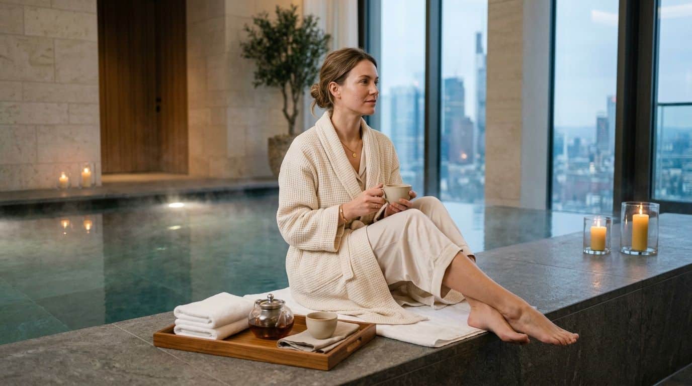 Ein lächelndes Paar spaziert bei Sonnenuntergang am Mainufer entlang, die Frankfurter Skyline ist im Hintergrund zu sehen.