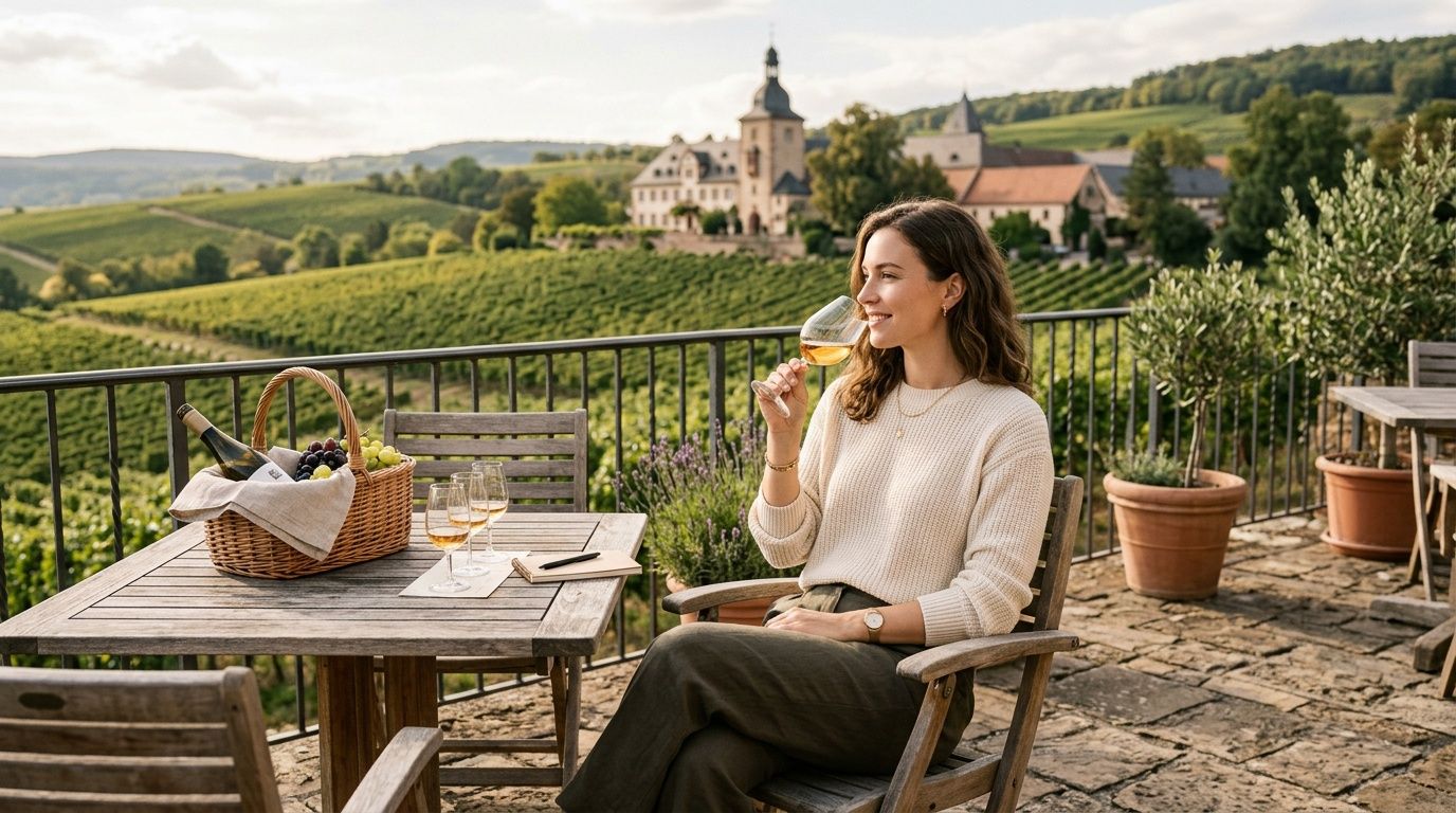 Eine Frau genießt Wein auf einer Terrasse mit Blick auf einen Weinberg und ein idyllisches Schloss.