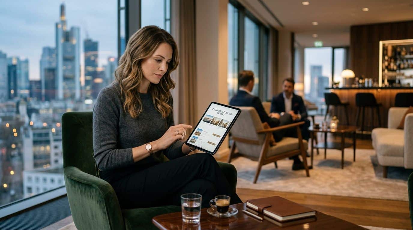 Eine Geschäftsfrau mit Tablet in einer luxuriösen Hotelbar mit Blick auf die Frankfurter Skyline.