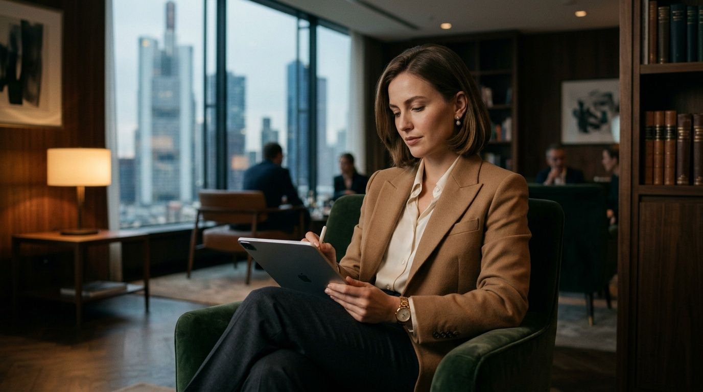 Eine professionelle Geschäftsfrau arbeitet mit einem Tablet in einer eleganten Hotellounge mit Blick auf die Frankfurter Skyline.