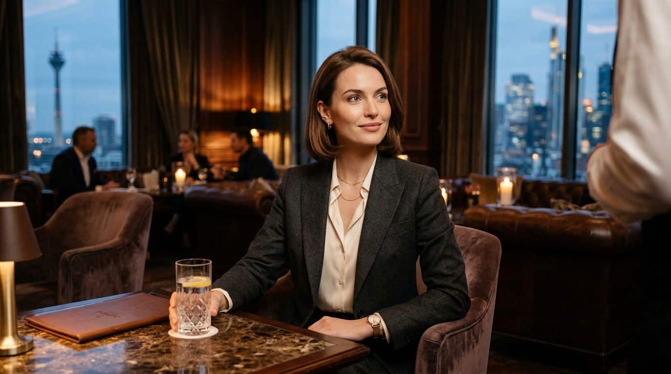 Eine elegante Frau in einem Blazer sitzt in einer schicken Bar mit Blick auf die Frankfurter Skyline.