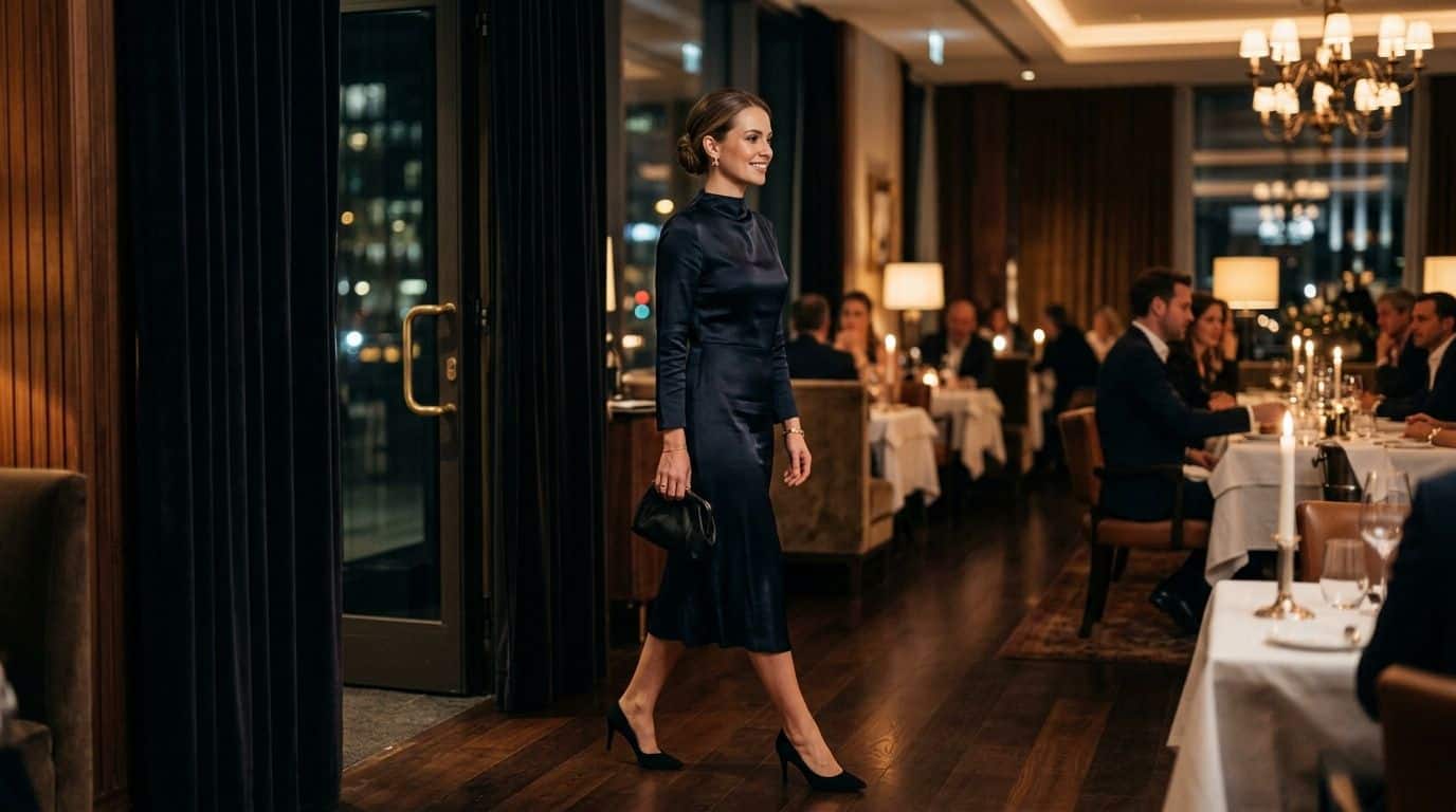 Eine elegante Frau in einem dunkelblauen Kleid läuft durch ein gehobenes Restaurant in Frankfurt am Abend.