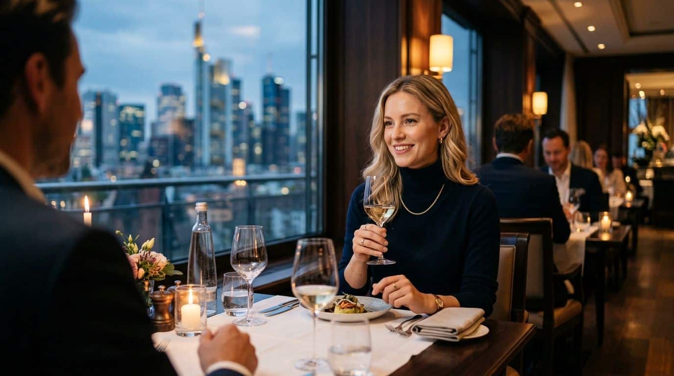 Ein glückliches Paar genießt ein elegantes Abendessen in einem Restaurant mit Blick auf die Frankfurter Skyline.
