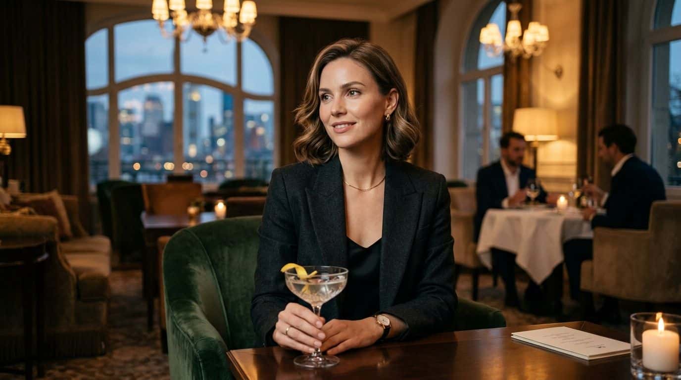 Eine elegante Frau in einem Blazer hält ein Cocktailglas in einer stilvollen Hotelbar mit Blick auf Frankfurt.