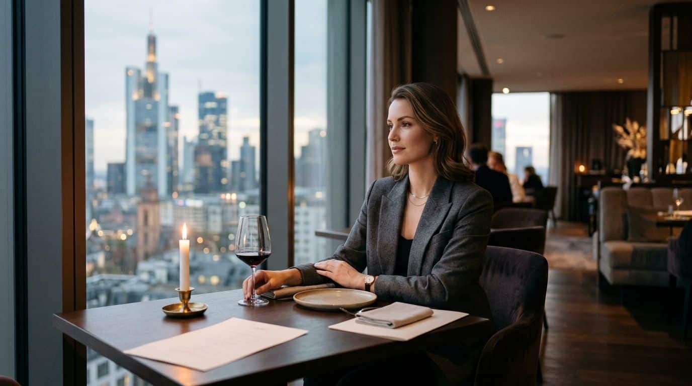 Eine elegante Frau sitzt allein an einem Tisch in einem Luxusrestaurant mit Blick auf die Frankfurter Skyline.