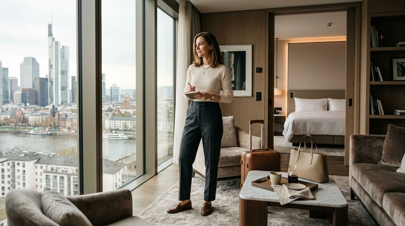 Eine Geschäftsfrau steht in einem luxuriösen Hotelzimmer mit Blick auf die Frankfurter Skyline und macht sich Notizen.