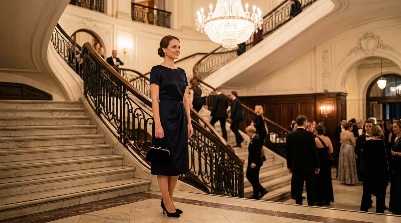 Eine elegante Frau in einem dunkelblauen Kleid steht auf einer luxuriösen Treppe in einem prächtigen Hotel.