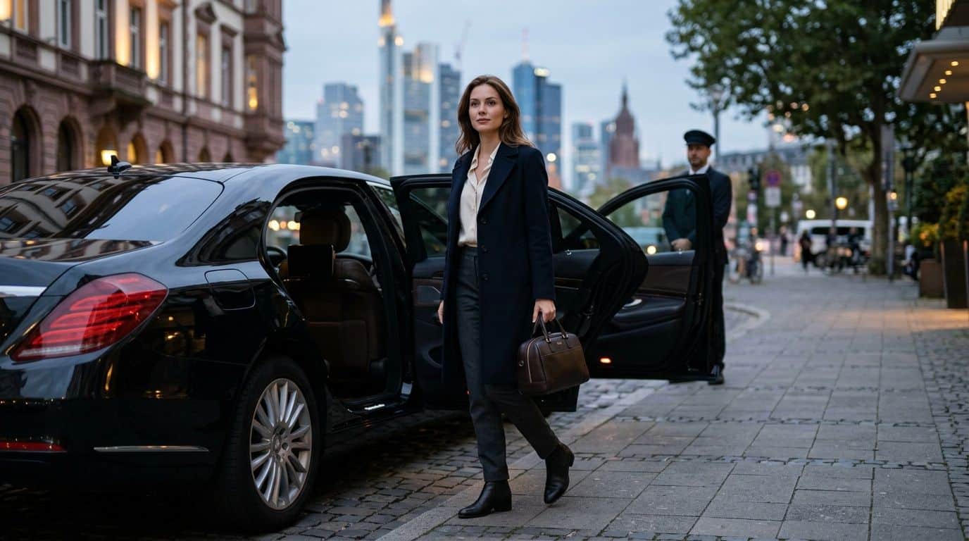 Eine elegante Geschäftsfrau steigt aus einer schwarzen Luxuslimousine vor einer modernen Stadtkulisse in Frankfurt aus.