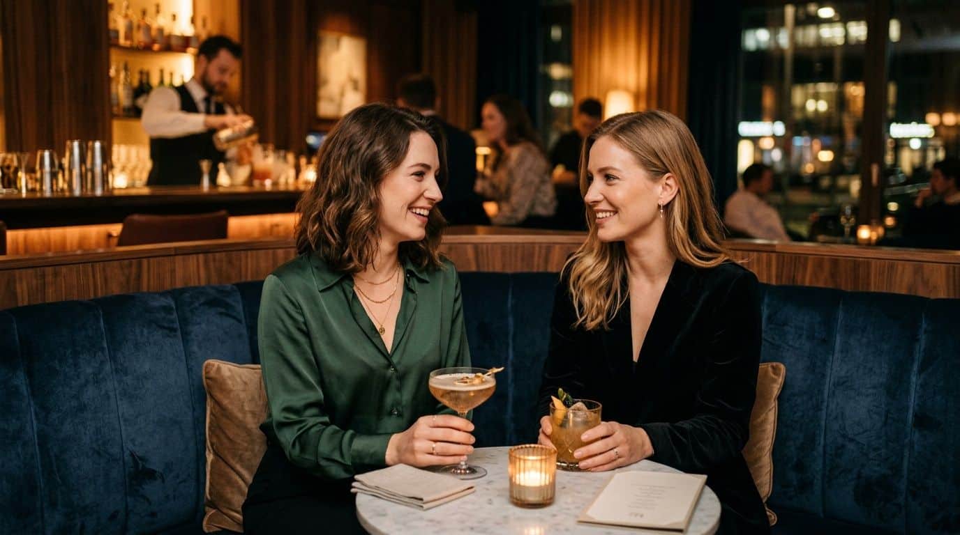 Zwei junge Frauen genießen bei gedimmtem Licht einen stilvollen Abend mit Cocktails in einer eleganten Bar.