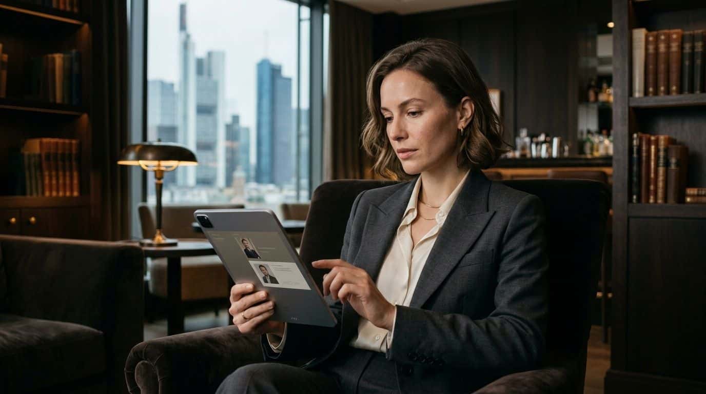 Eine professionelle Geschäftsfrau nutzt ein Tablet in einer luxuriösen Lounge mit Blick auf die Frankfurter Skyline.