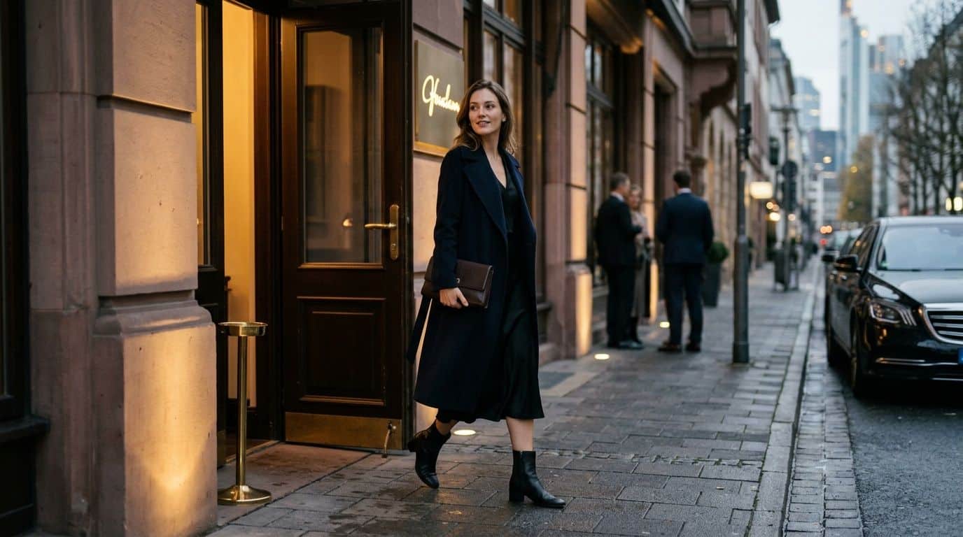 Eine stilvoll gekleidete Frau verlässt ein luxuriöses Gebäude in Frankfurt und geht lächelnd auf dem Gehweg entlang.