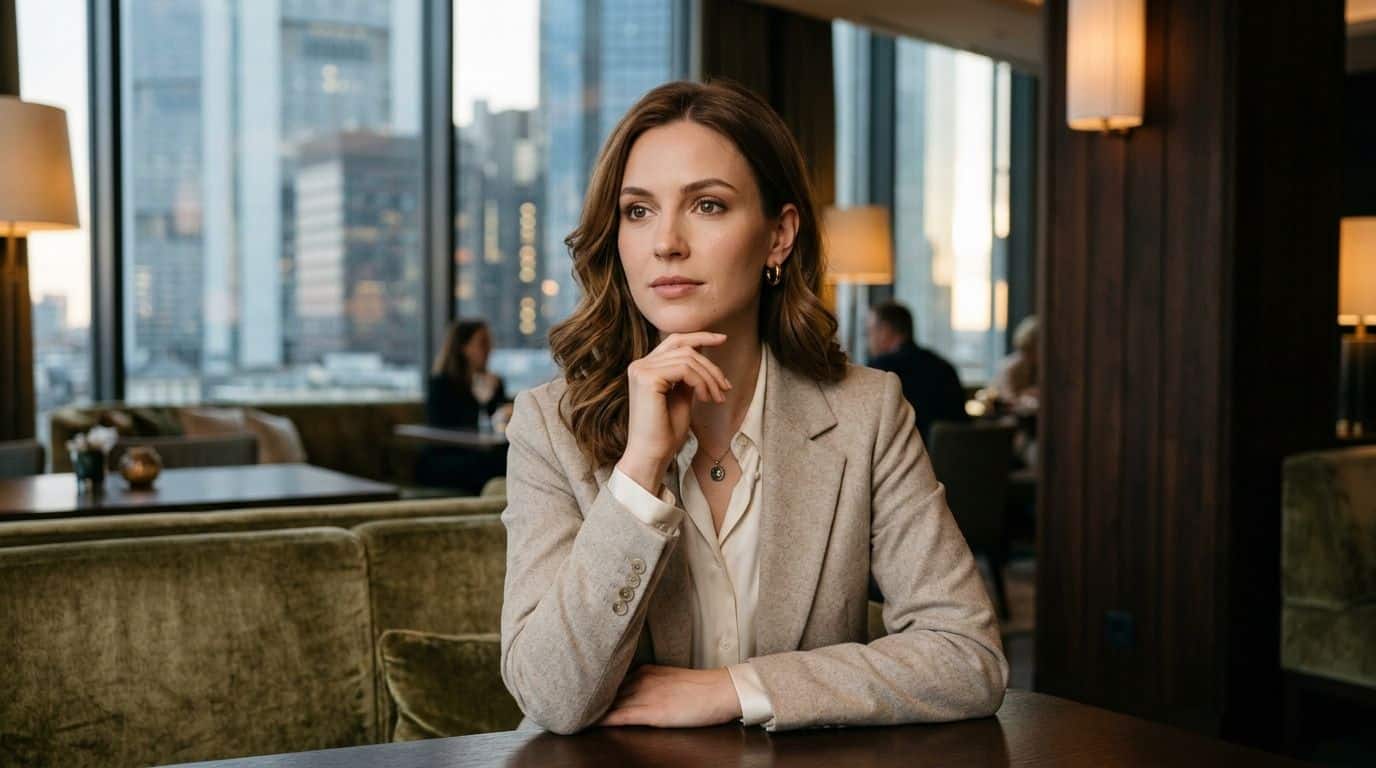 Eine professionell gekleidete junge Frau sitzt nachdenklich in einem eleganten Frankfurter Hotel mit Blick auf die Skyline.