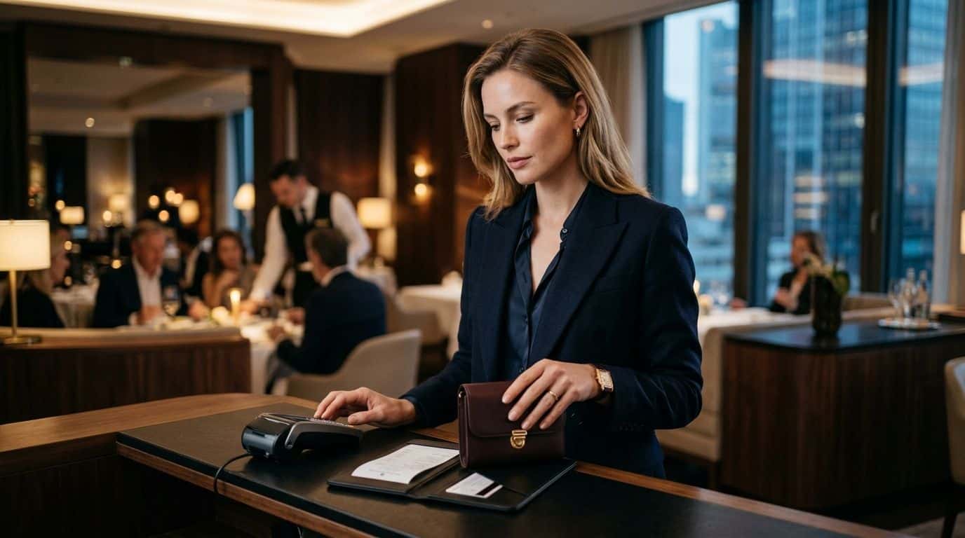 Eine elegante Frau in einem schwarzen Anzug bezahlt in einem gehobenen Frankfurter Restaurant die Rechnung am Empfang.