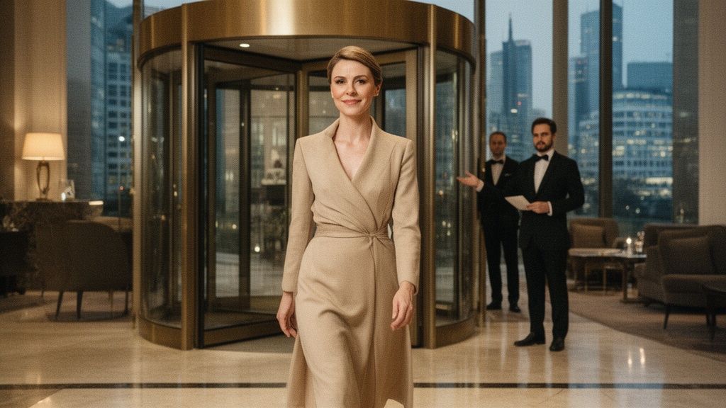 Eine elegante Frau in einem beigen Kleid verlässt ein luxuriöses Hotel in Frankfurt mit Servicepersonal im Hintergrund.