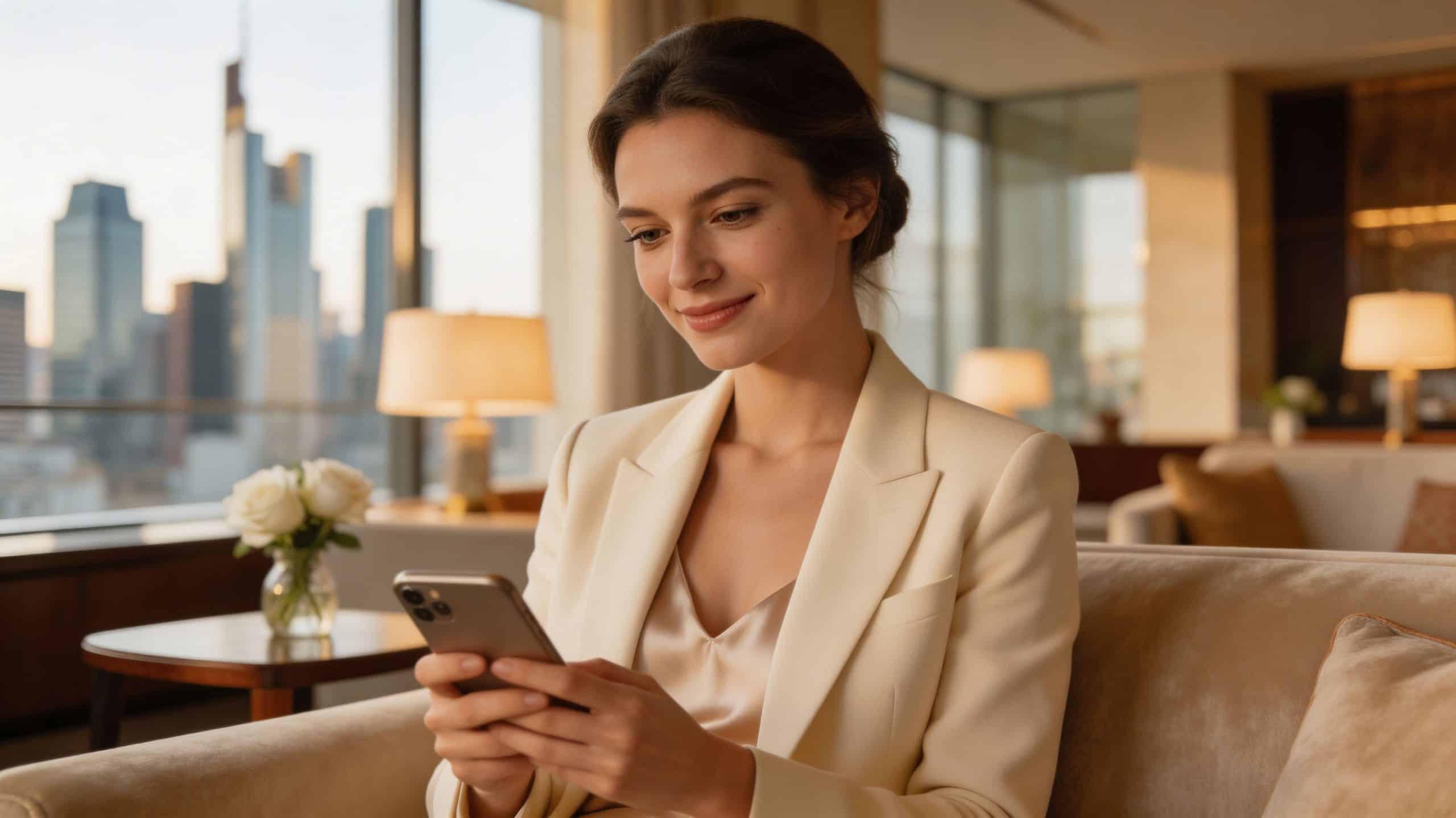 Eine elegante Frau in einem cremefarbenen Blazer betrachtet lächelnd ihr Smartphone in einer luxuriösen Hotellobby in Frankfurt.