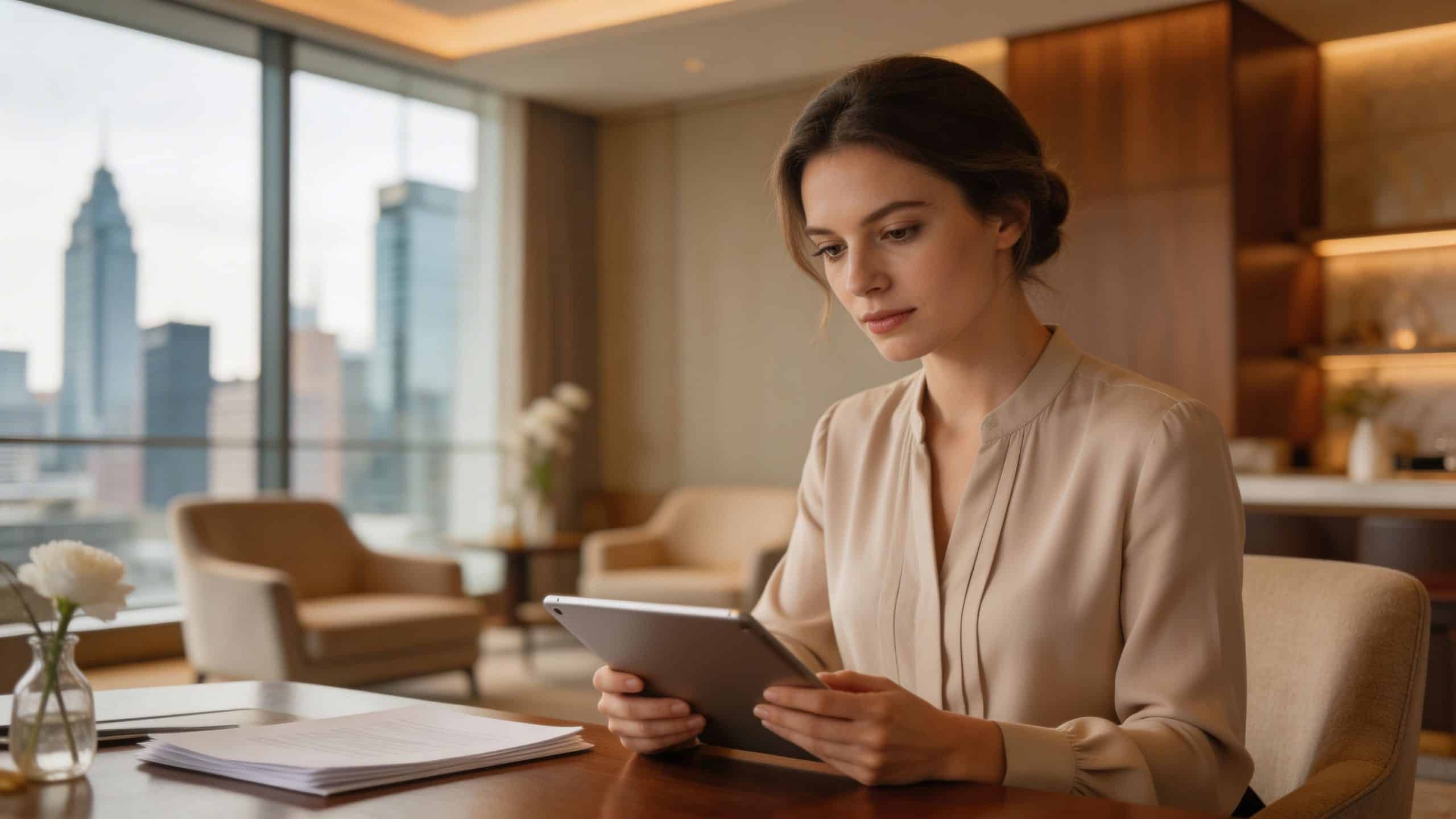 Eine professionelle junge Frau arbeitet in einem modernen Büro mit Stadtblick an ihrem Tablet.