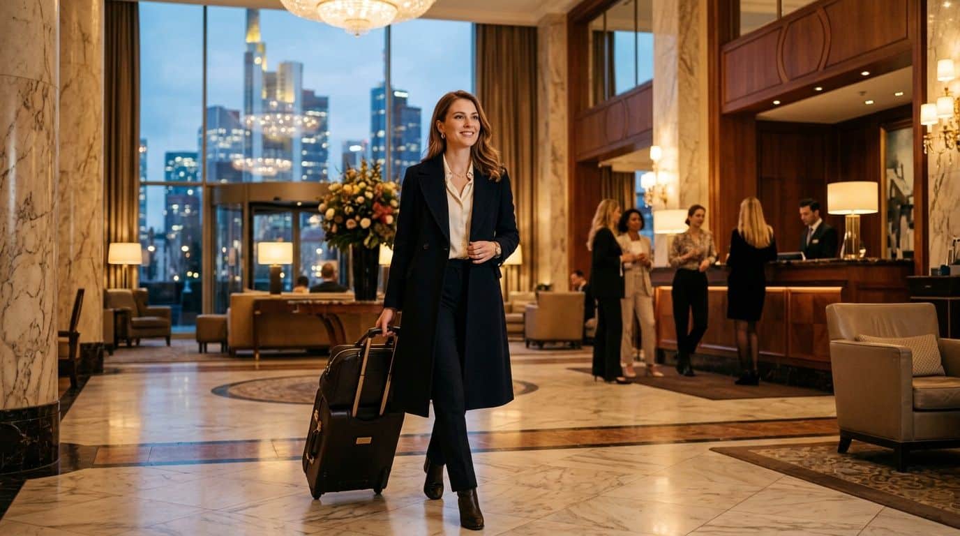 Eine elegante Geschäftsfrau mit einem Rollkoffer in der luxuriösen Lobby eines Hotels in Frankfurt am Main.