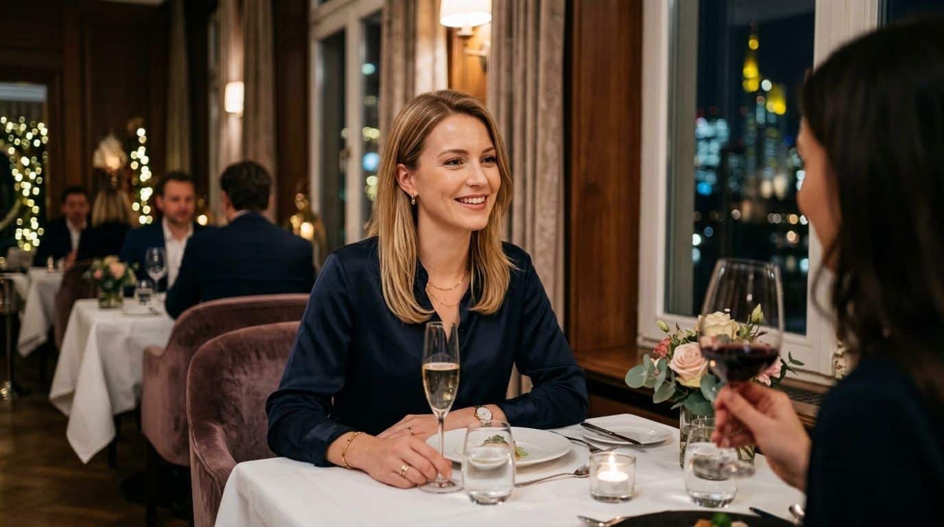 Zwei Frauen unterhalten sich bei einem eleganten Abendessen mit Blick auf die beleuchtete Frankfurter Skyline bei Nacht.