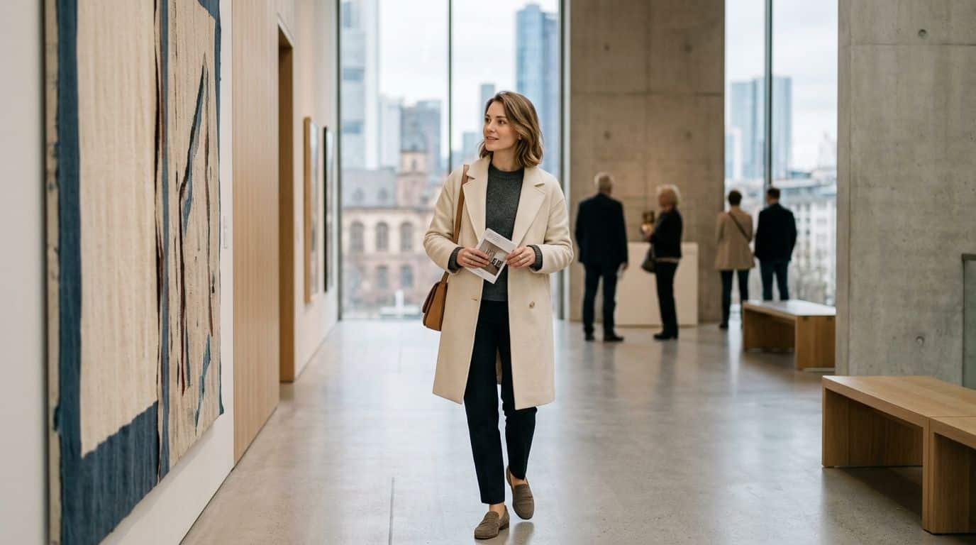 Eine junge Frau mit einer Broschüre geht durch ein modernes Kunstmuseum mit Stadtblick im Hintergrund.