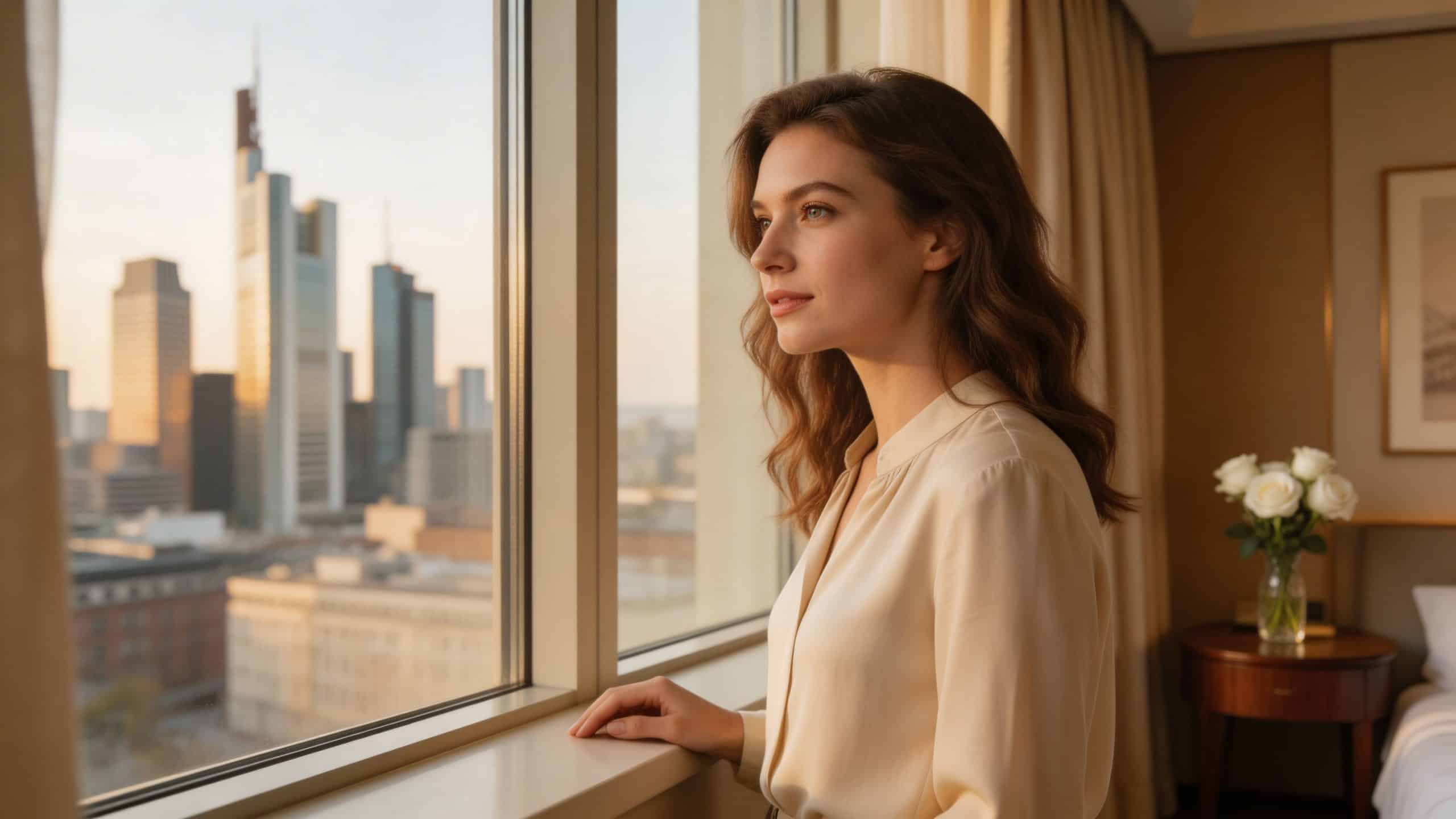 Eine elegante Frau blickt nachdenklich aus einem Fenster in einem luxuriösen Hotelzimmer mit Frankfurter Skyline im Hintergrund.