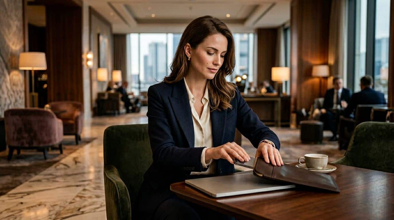Eine elegante Geschäftsfrau, die in einer luxuriösen Hotellobby in Frankfurt an ihrem Laptop arbeitet.