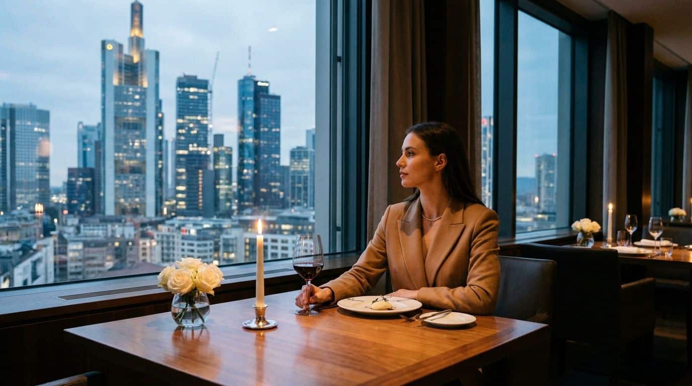 Eine elegante Frau genießt ein Abendessen mit Blick auf die beeindruckende Skyline von Frankfurt bei Dämmerung.