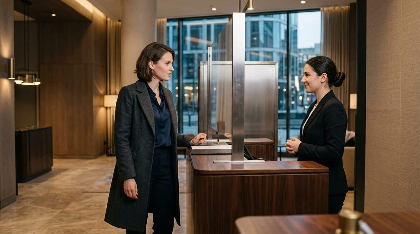 Eine Geschäftsfrau steht an einer Hotelrezeption und spricht mit einer freundlichen Empfangsdame bei der Ankunft im Hotel.