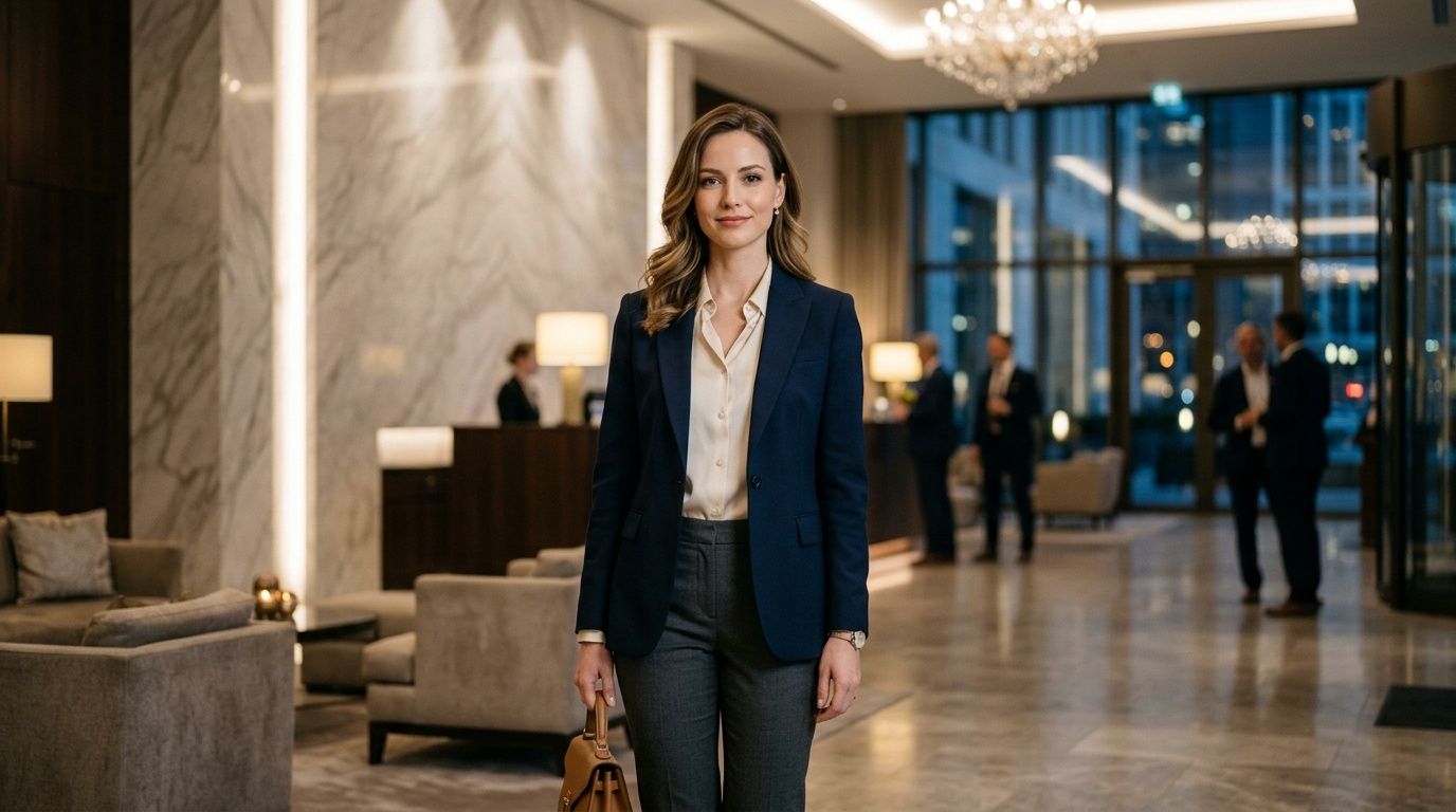 Eine elegante Geschäftsfrau steht in einer modernen Hotel-Lobby und hält ihre Handtasche bereit für einen Geschäftstermin.
