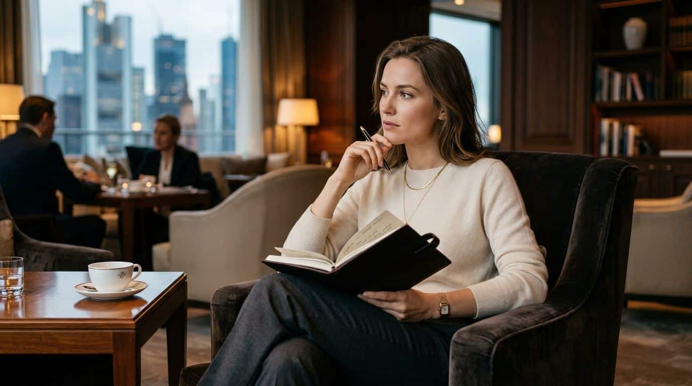 Eine elegante Frau sitzt in einem luxuriösen Hotel-Lounge-Sessel mit einem Notizbuch und blickt nachdenklich aus dem Fenster.