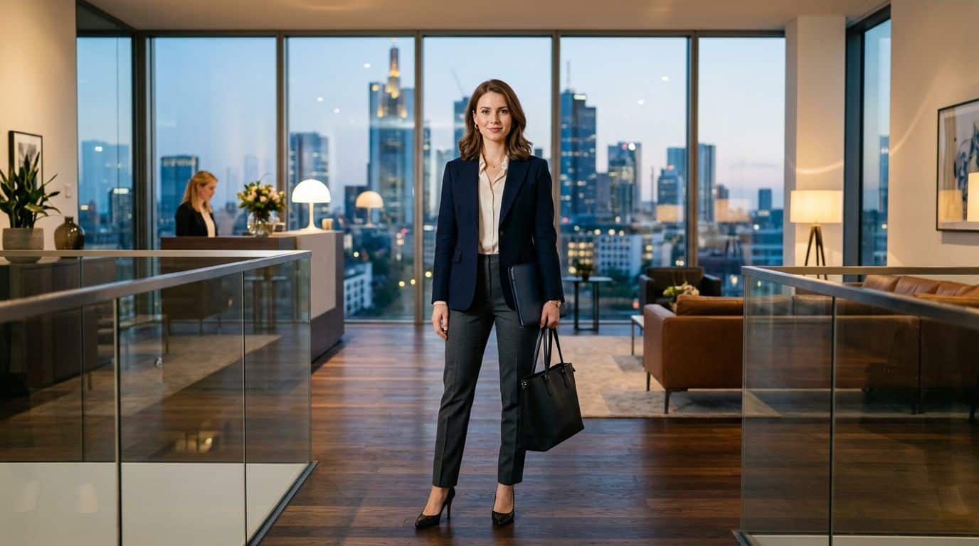 Eine professionelle Geschäftsfrau steht selbstbewusst in einem modernen Büro mit Panoramablick auf die Frankfurter Skyline bei Dämmerung.