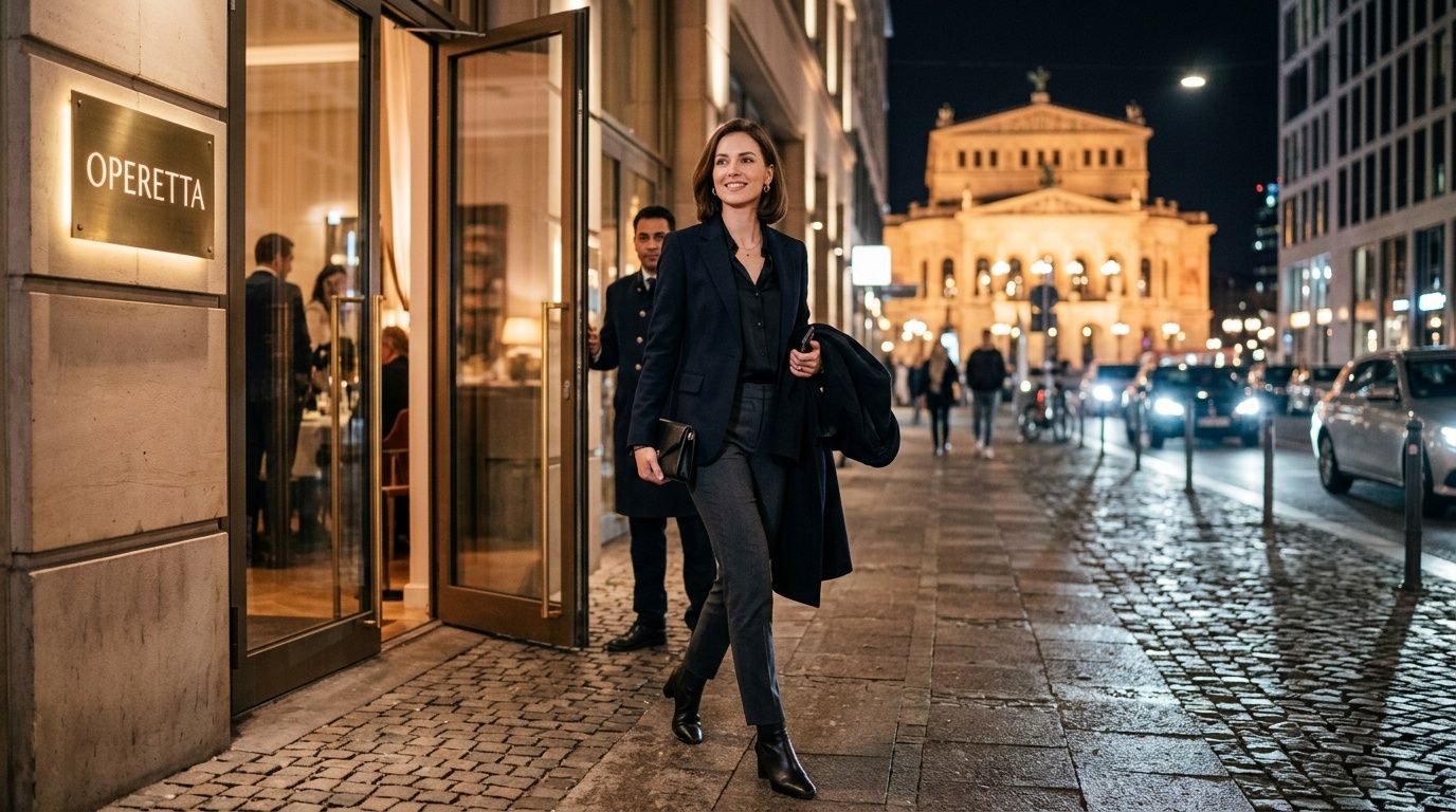 Eine elegante Frau in Businesskleidung verlässt abends ein Restaurant vor der beleuchteten Alten Oper in Frankfurt.