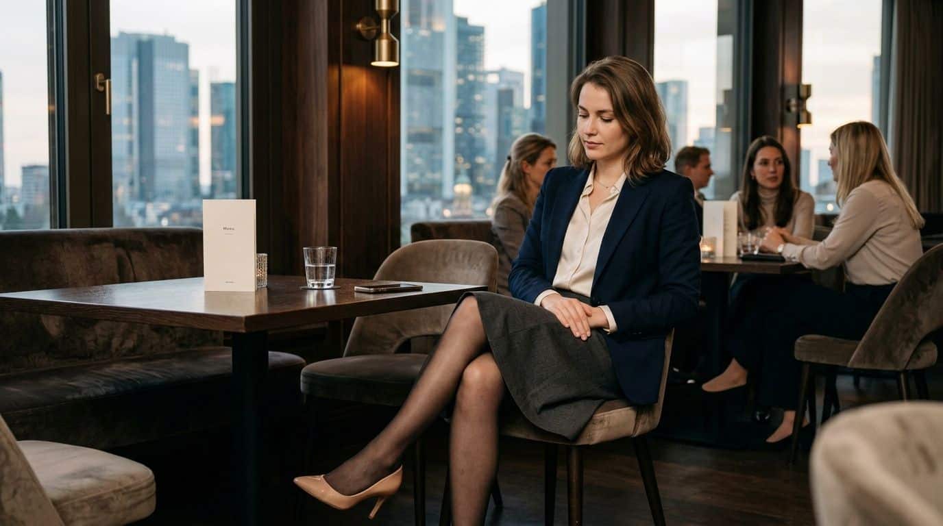 Eine elegante Geschäftsfrau sitzt in einem gehobenen Restaurant vor einer beeindruckenden Skyline und wartet auf ihre Begleitung.
