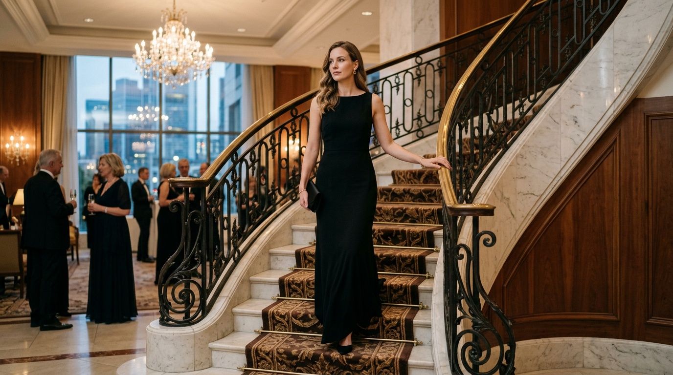 Eine elegante Frau in einem schwarzen Abendkleid geht die prachtvolle Treppe bei einer formellen Abendveranstaltung hinunter.