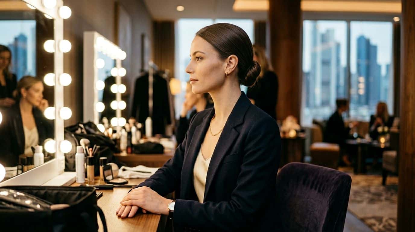 Eine professionelle Frau in einem dunklen Blazer sitzt vor einem beleuchteten Schminkspiegel in einem luxuriösen Raum.