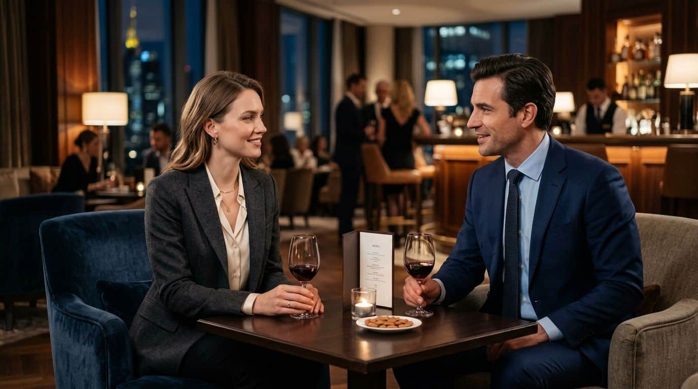 Ein elegant gekleidetes Paar führt ein angeregtes Gespräch bei einem Glas Wein in einer exklusiven Hotelbar.