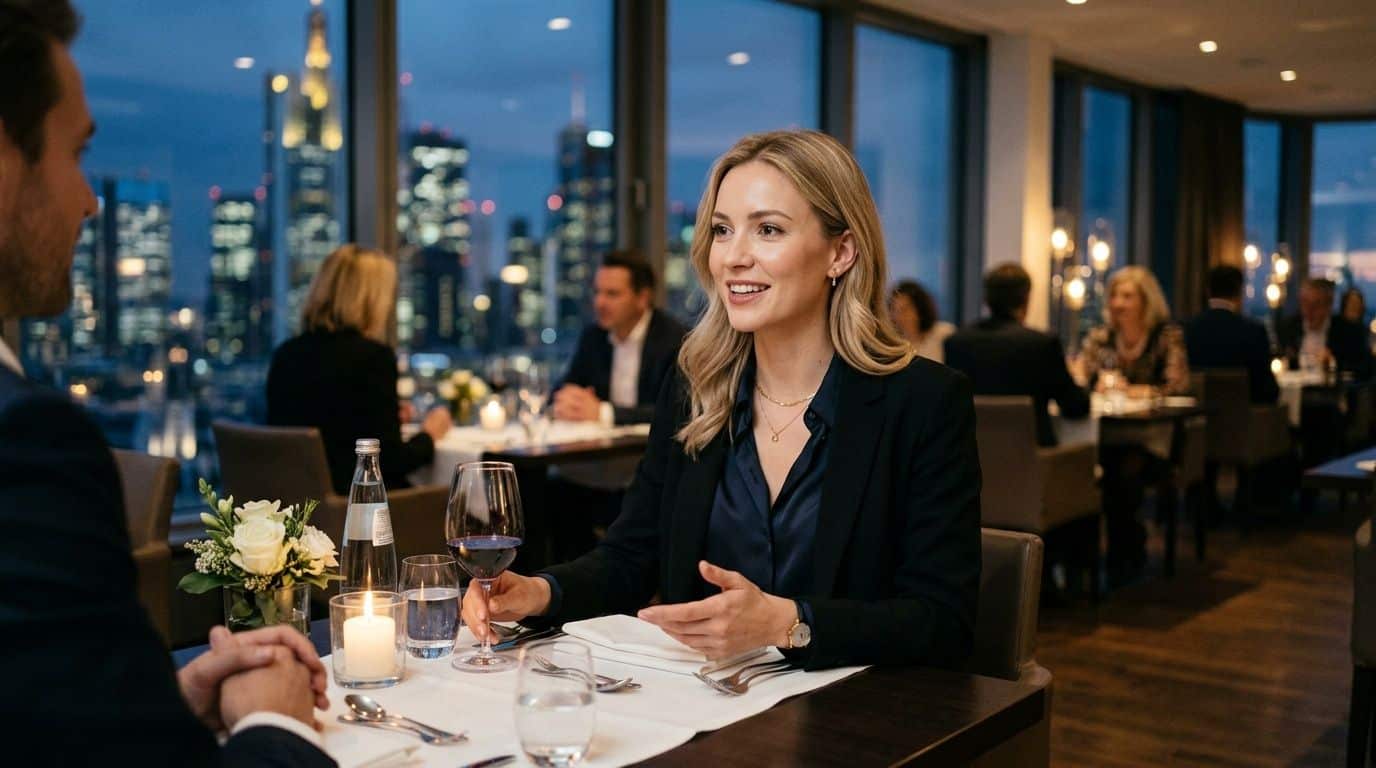 Eine elegante Frau in einem gehobenen Restaurant führt ein angeregtes Gespräch mit ihrem Begleiter vor nächtlicher Skyline-Kulisse.