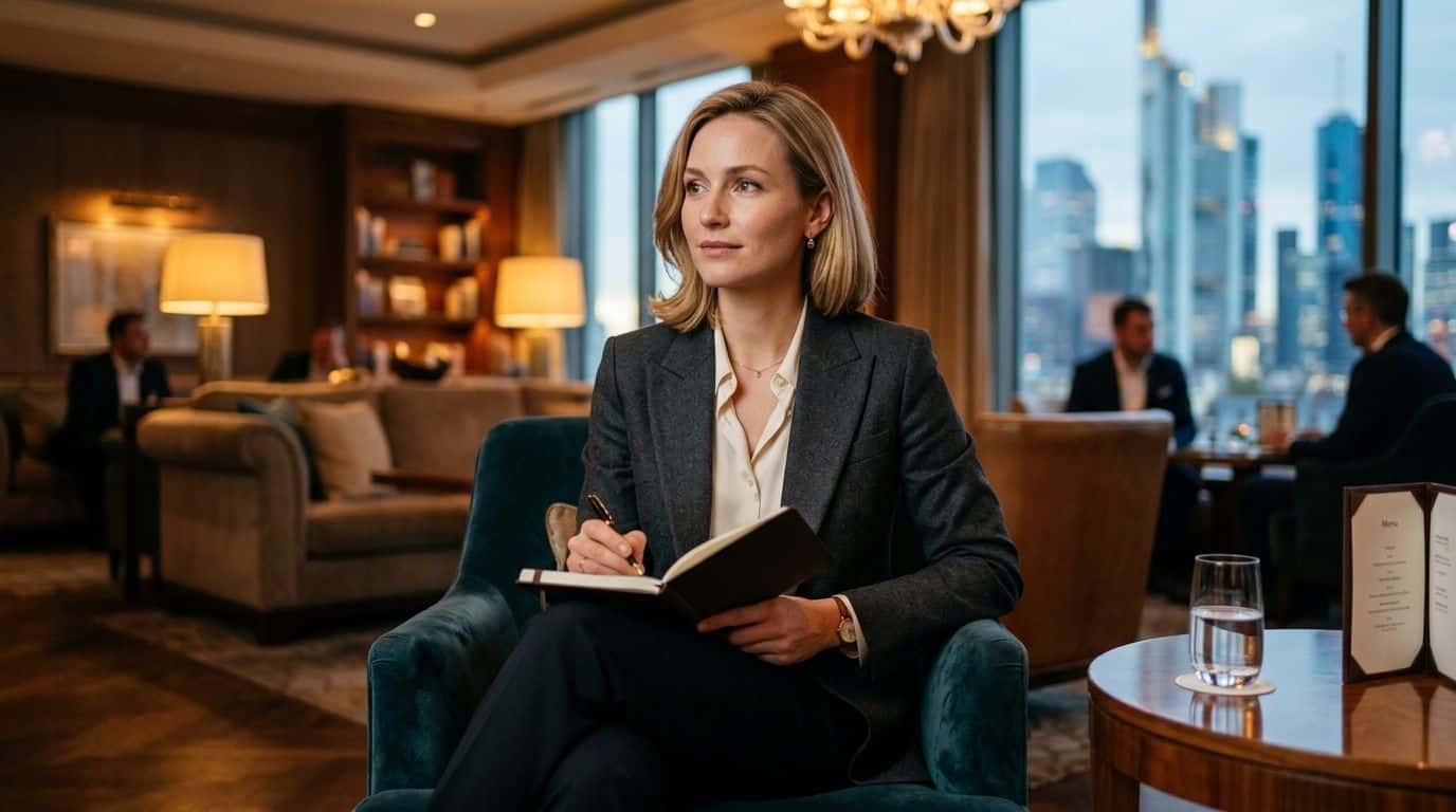 Eine professionelle Geschäftsfrau schreibt in ein Notizbuch in einer eleganten Hotellobby mit Blick auf die Skyline.