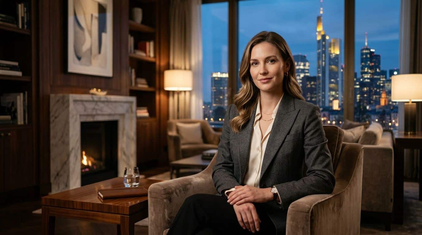 Eine selbstbewusste Geschäftsfrau sitzt in einem luxuriösen Büro vor einer Skyline bei Abenddämmerung und strahlt Professionalität aus.