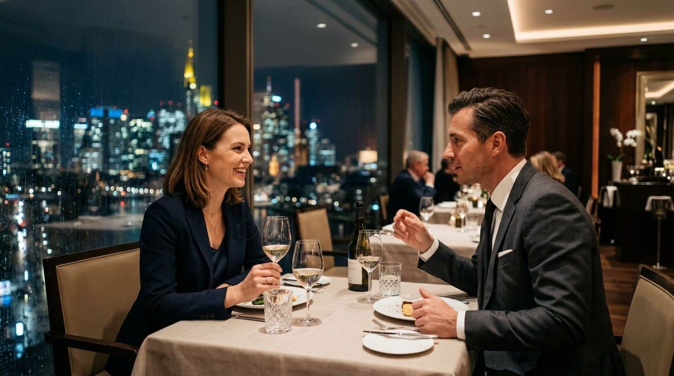 Ein glückliches Paar genießt ein elegantes Abendessen in einem Restaurant mit Blick auf die nächtliche Skyline.