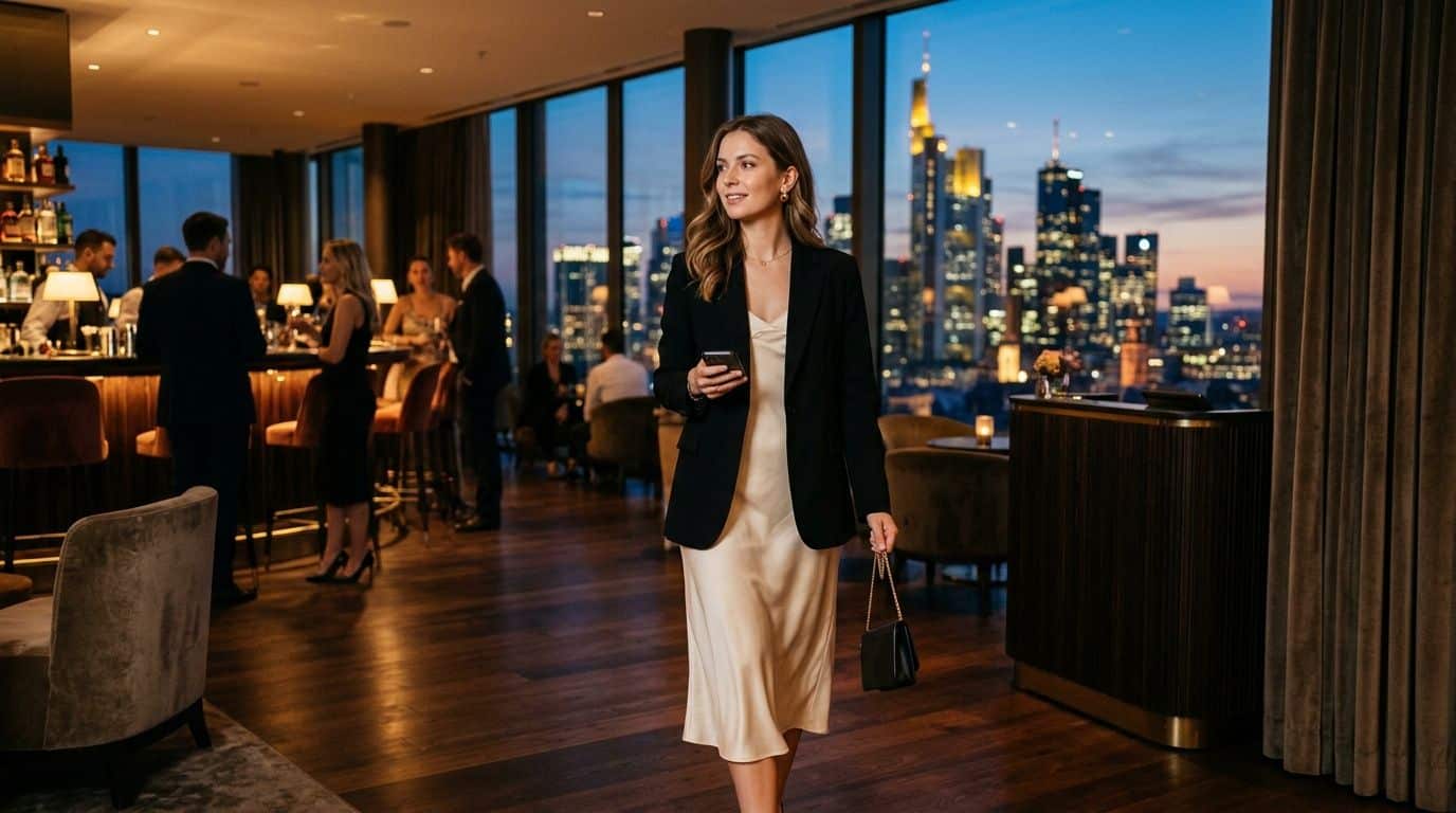Eine elegante Frau in einem schwarzen Blazer und Seidenkleid läuft durch eine luxuriöse Hotelbar mit Blick auf Frankfurt.