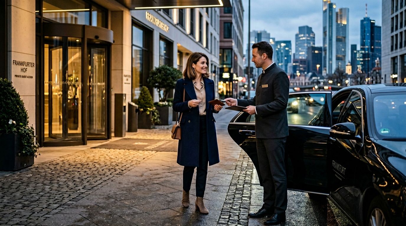 Ein Hotelangestellter empfängt eine stilvoll gekleidete Geschäftsfrau vor einem luxuriösen Hotel in der Frankfurter Innenstadt.