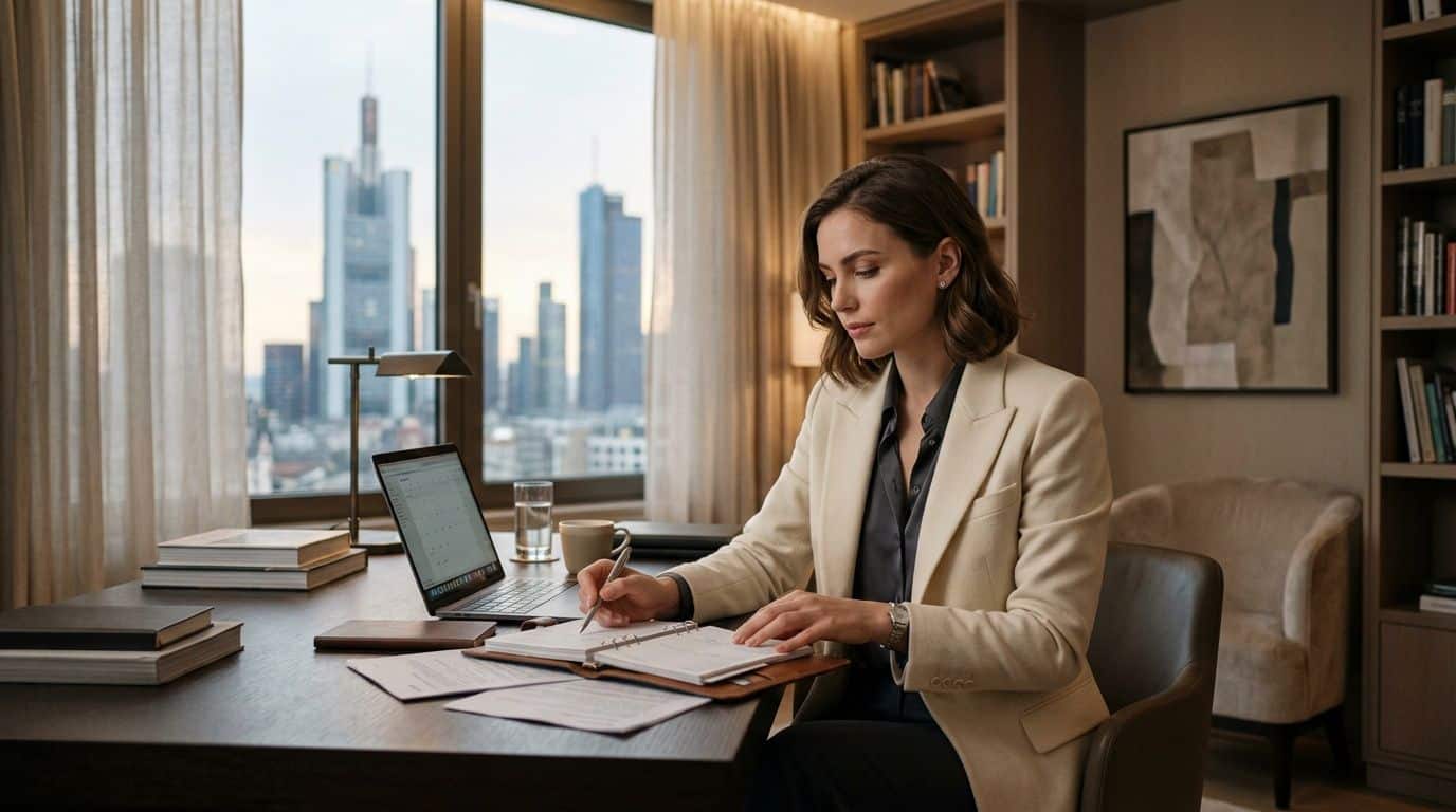 Eine professionelle Geschäftsfrau arbeitet an einem modernen Schreibtisch mit Blick auf eine beeindruckende städtische Skyline.