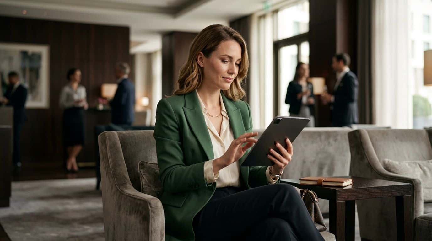 Eine professionelle Frau in einem grünen Blazer nutzt ein Tablet in einer eleganten Hotel-Lobby.