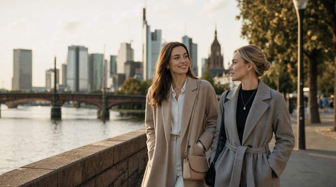 Zwei stilvolle Frauen spazieren bei Sonnenuntergang entlang des Flussufers vor der Skyline von Frankfurt am Main.