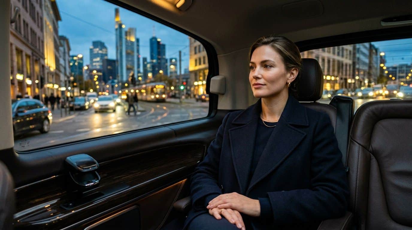 An elegant woman sits in the back seat of a limousine and looks out the window at the Frankfurt skyline.