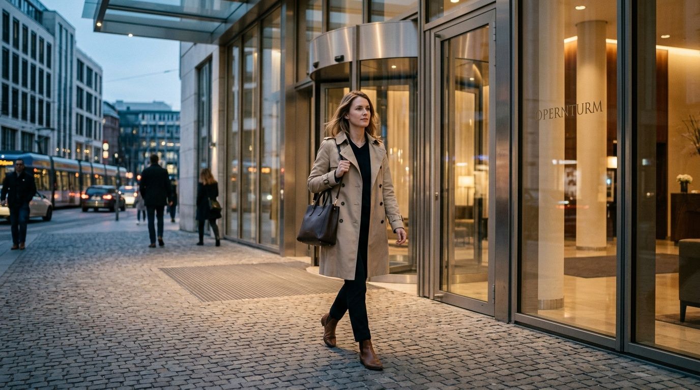 A professionally dressed woman walks in front of the Opernturm in Frankfurt am Main at dusk.