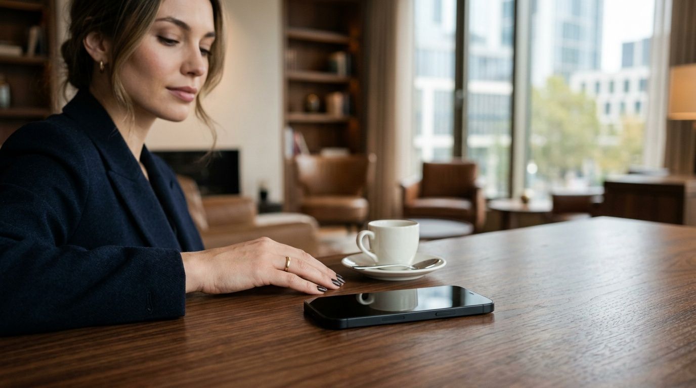 An elegant woman in a blazer sits at a wooden table with a coffee cup and her smartphone.